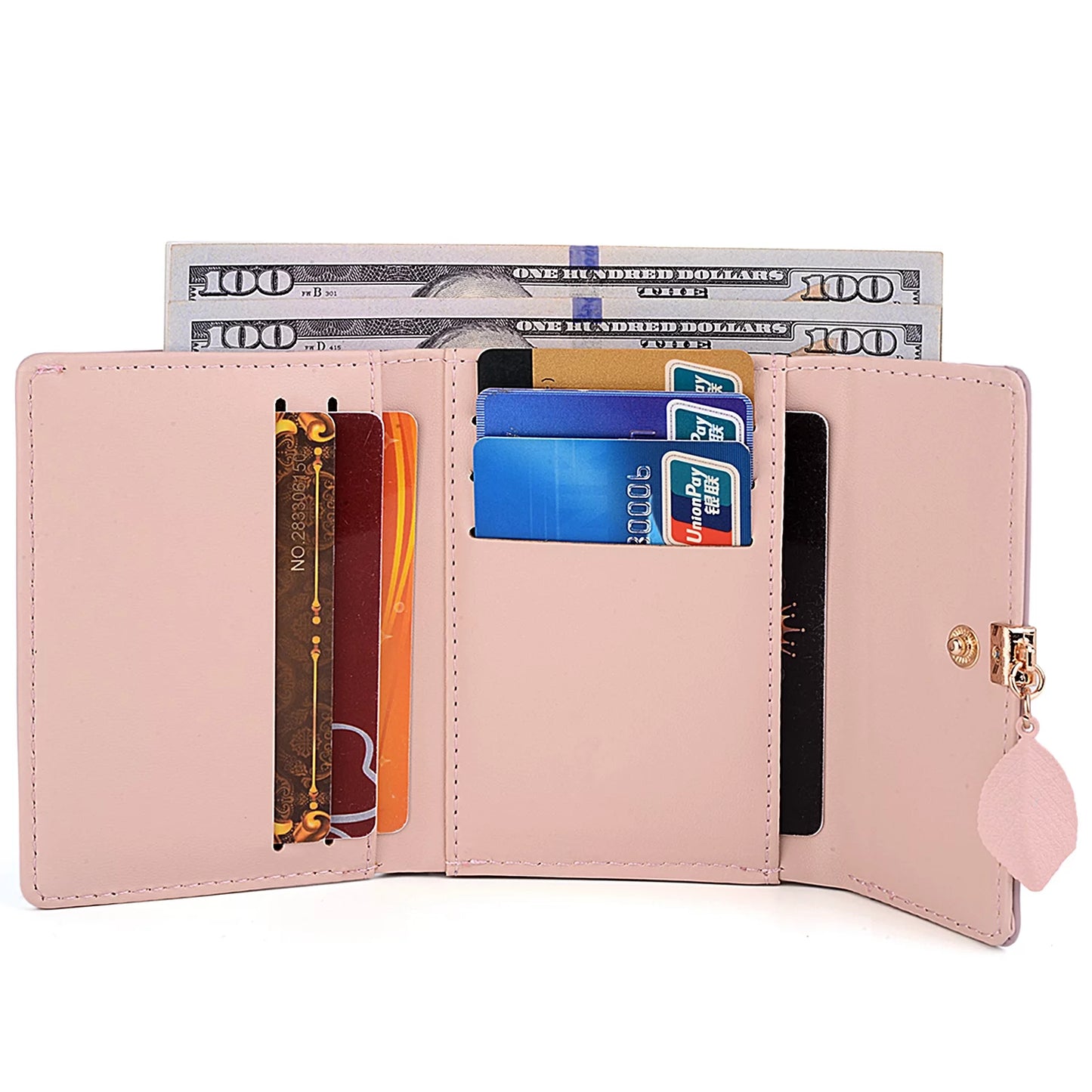 Small Wallet for Women PU Leather RFID Blocking Coin Purse Card Holder Trifold Ladies Purse Leaf Pendant(Pale Purple)