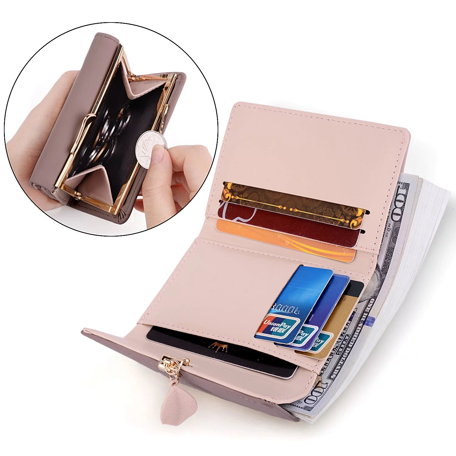 Small Wallet for Women PU Leather RFID Blocking Coin Purse Card Holder Trifold Ladies Purse Leaf Pendant(Pale Purple)