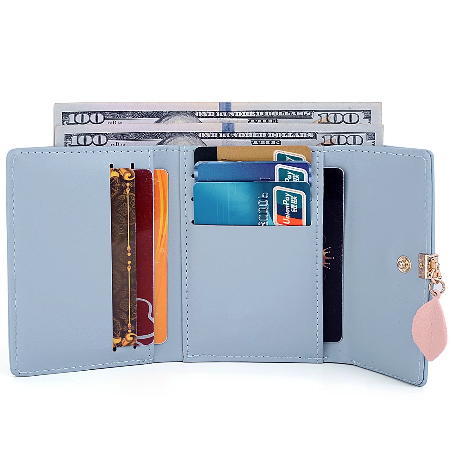 Small Wallet for Women PU Leather RFID Blocking Coin Purse Card Holder Trifold Ladies Purse Leaf Pendant(Light Blue)